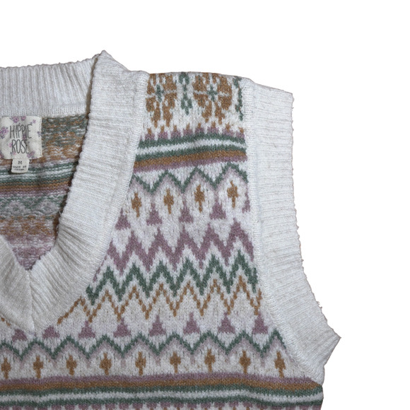 Hippie Rose Womens Medium Sweater Vest Cream Fair Isle V-Neck Sleeveless Cropped - Picture 8 of 11